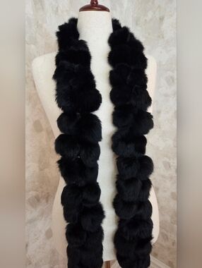 Vintage Genuine Rabbit Fur Pom Pom Scarf Black Plush Long Wrap Stole Glam